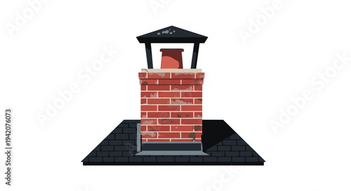 A weathered red brick chimney, featuring a distinct dark cap, emerges from a sloped dark grey shingled roof section, prominently displayed against a clean white background.