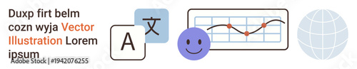 Multilingual education, global communication, analytics, language translation, data visualization, technology. Text, chart Earth globe and happy face icons. Multilingual communication and analytics