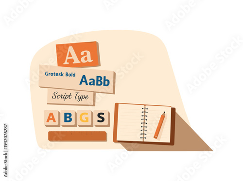 Typography selection workflow concept with simple type specimen cards letter tiles ruler and notebook arranged neatly seen from