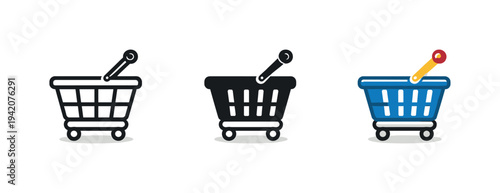 Purchase completion outcome visualized as a small grocery basket cart with short handle and rolling base repeated evenly across