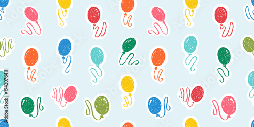 Seamless pattern - cartoon balloons for birthday party. Red, yellow, green, blue helium balloons with with chalk texture, vector sketch crayon illustration