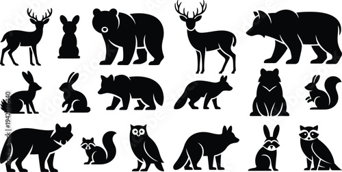 Woodland animal silhouettes vector icon set