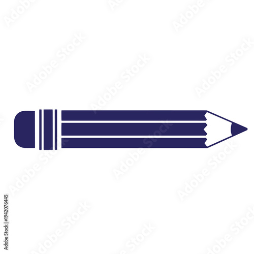 dark blue pencil icon with white lines on ferrule and eraser on white background