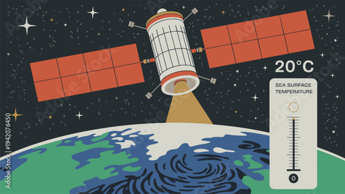 Scientific satellite collecting atmospheric data above Earth. Space satellite measuring atmospheric parameters and sending scientific data to Earth.