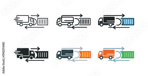 Express cargo icon showing stylized delivery trucks, containers, and route arrows representing fast cargo delivery, logistics,