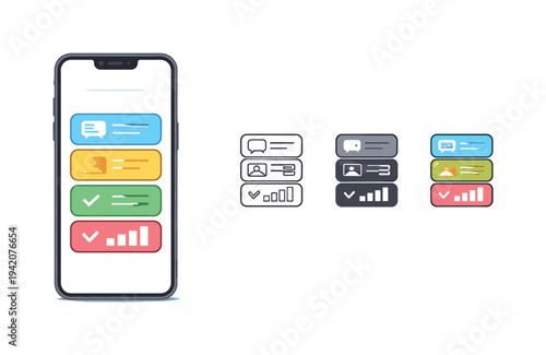 Everyday software scene portrayed as a smartphone displaying stacked generic app blocks on its screen, upright and minimal as a