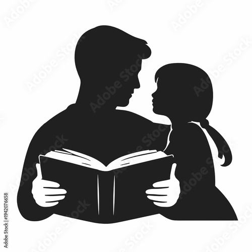 Black silhouette of an adult reading a book with a child, symbolizing education, bedtime storytelling, learning support and warm family time in a simple vector illustration.