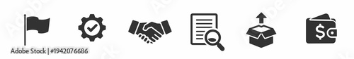 Clean vector icon set with flag, quality badge, handshake, document search, package upload and wallet. Concept of service, trust, verification, logistics and payment.