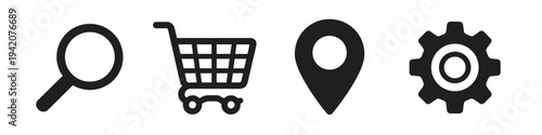 Minimal black ecommerce service icon set featuring search, shopping cart, location pin and settings gear. Clean vector collection for retail, delivery, navigation and app interface design.