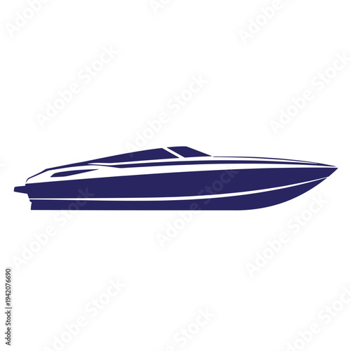 Dark blue speedboat with white accents on a clean and minimalist white surface for design and transportation concepts  side view