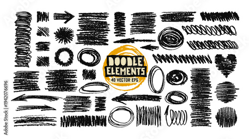 Hand drawn scribble lines with crayon pencil texture. Doodle sketch brush strokes, chalk scrawl of arrow, circle and squiggle shapes. Abstract black crayon scribbles set, vector illustration