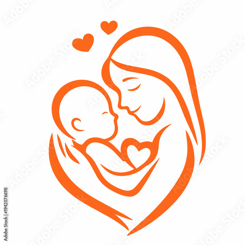 Orange line art depicts a mother hugging her baby with small hearts above them. Minimal family vector symbol for maternal love, newborn care, parenting support, bonding and protection.