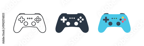 Digital play concept conveyed by a modern game controller with dual sticks and buttons, identical silhouette repeated