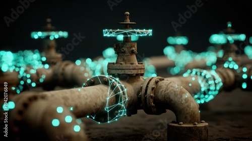 Industrial pipeline valves with digital network connections on dark background