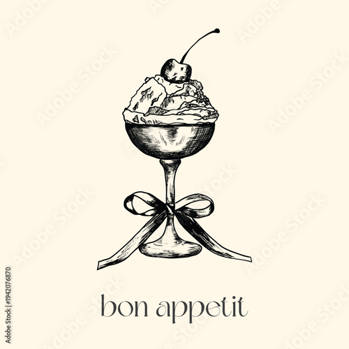 Coastal Italy ice-cream, cherry and bow print set. La Dolce Vita illustrations in a poster frame. Sketch style food doodles. Art for greeting cards, wedding invitations, postcard. bon appetit