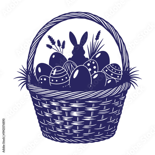 Easter basket with eggs and bunny silhouette on white background for holiday decoration  easter eggs in a wicker basket with a bunny