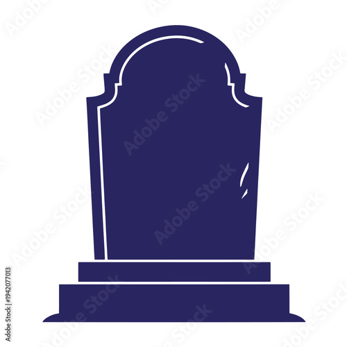 Graphic illustration of a blue tombstone with arched top on a base isolated on white background