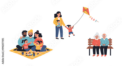 Family activities and generations illustration picnic park bench kite flying vector graphics