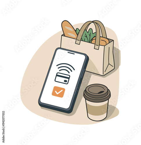 Calm contactless shopping lifestyle scene with phone slightly angled and simple payment symbol shown from above, arranged in the