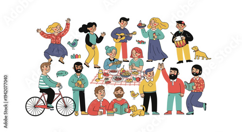 Diverse group gathering illustration people sharing enjoying leisure activities celebration