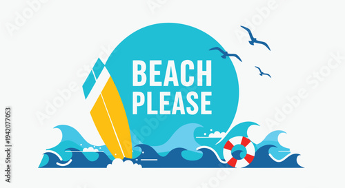 Beach, summer, vacation, illustration, typography, surfboard, waves, lifebuoy, vector graphic