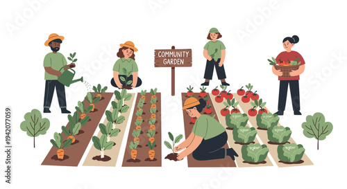 Community garden scene people gardening vegetables fruits plants