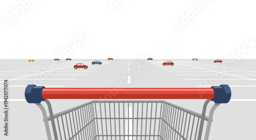 A first-person perspective from behind a metal shopping cart reveals a wide, grey asphalt parking lot with white markings, sparsely populated by small, colorful cars under a bright white sky.