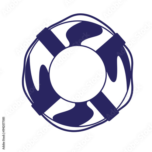 Graphic illustration of a life preserver ring with navy blue lines on white background