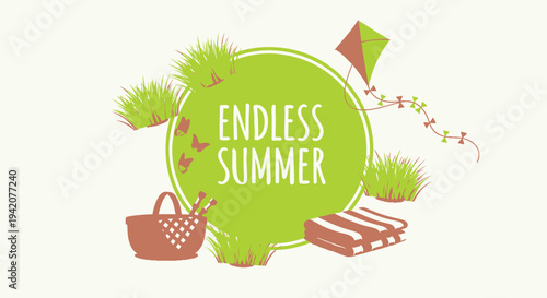Summer vacation icons, endless summer graphics, picnic elements, outdoor recreation symbols