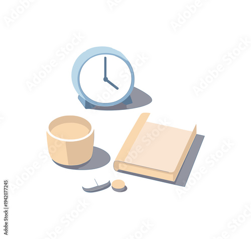 Minimalist Nightstand Essentials. Airy nightstand essentials minimal set emphasizing calm and negative space seen in top-down