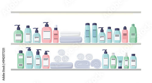 A collection of pastel-colored cosmetic bottles and neatly folded towels are arranged on two illuminated white shelves against a bright background.