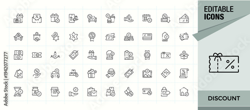 Set of Discount line icon. Pack of commerce, discount coupon, shopping, shop and more. Thin line icons set. Off simple icon set. Editable stroke. Vector collection.