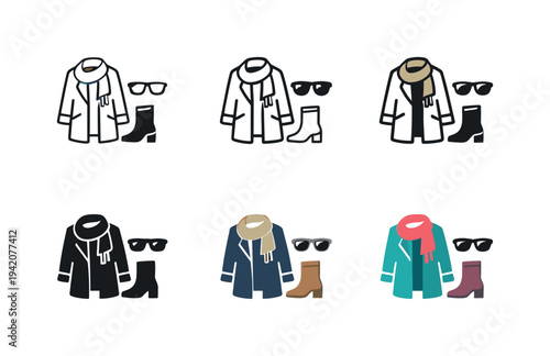 Fashion trend icon featuring a coat, scarf, sunglasses, and boot, representing seasonal clothing, style updates, and accessory