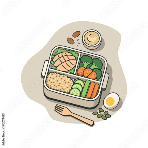 Calm healthy lunch meal prep with box and ingredients slightly angled for balance shown from above, arranged in the right third