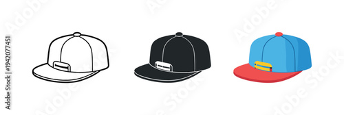 Street hangout context featuring a snapback cap with flat brim and adjustable strap, matching form repeated in a horizontal trio