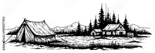 Detailed landscape engraving with camping tent and rustic forest cabins in front of mountains