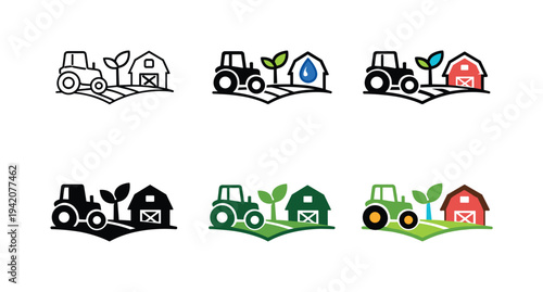 Agricultural technology symbol illustrating a tractor, sprout, water droplet, and barn, conveying modern farming, efficient crop