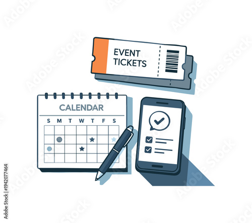 Refined contemporary event ticket planning concept with essential tickets calendar and phone subtly offset and aligned seen from