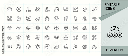 Diversity line icon set. Minimal thin line web icons set. Pixel perfect. Editable vector. Variety icon. Pack of team, human, culture, difference, equal and more.
