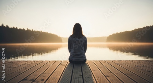 Serene contemplation A person sitting on a wooden dock overlooking a tranquil lake at sunrise.