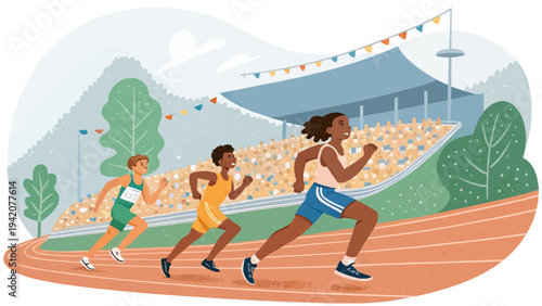 Diverse athletes sprinting on a track with cheering crowd in background