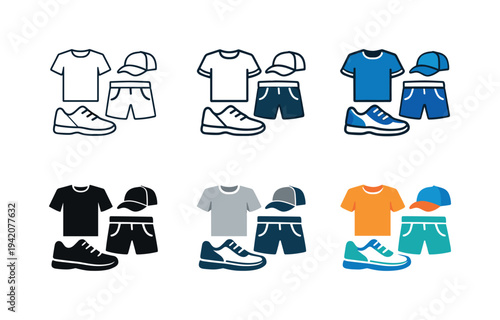 Athletic wear icon depicting stylized sports shirts, shorts, sneakers, and caps representing fitness apparel, sports fashion, and