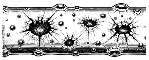 Horizontal textured surface with impact craters holes and bubbles in vintage hand drawn engraving style