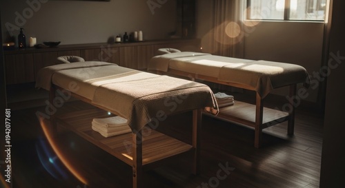 Serene spa room with two massage tables soft lighting and relaxation ambiance.