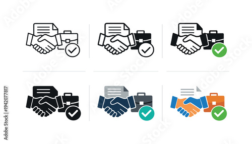 Contract completion symbol showing a handshake, document, briefcase, and approval checkmark, conveying successful business deals