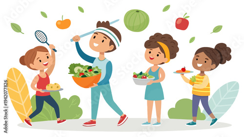 Diverse group of happy people enjoying healthy food and exercise together
