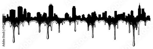 Black city skyline silhouette with long paint drips and halftone texture element