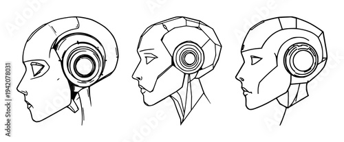 AI humanoid head set with minimalist futuristic profile featuring geometric, line art, vector with clean lines and white background