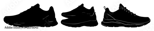 Running shoes set with solid black silhouette featuring high‑tech, carbon plate, sports tech with contrast and athletic performance