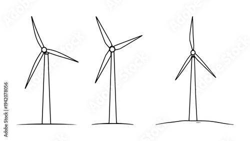Wind turbine set with modern flat art design featuring green energy, renewable power, sustainable technology with clean lines and white background